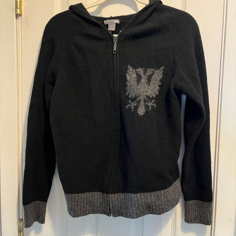 H&M Stockholm Sweden Wool Blend Black Zip Up Hoodie Sweater Phoenix Crest Sz S